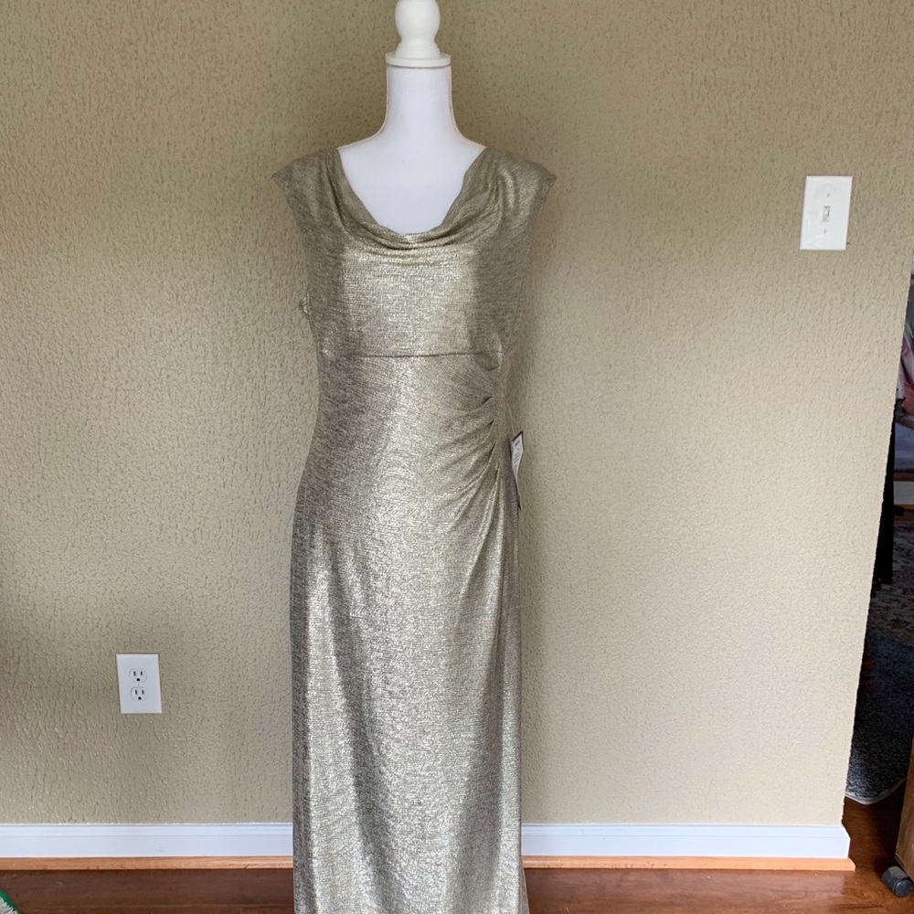 NWT gold metallic cow neck long gown. Size 12